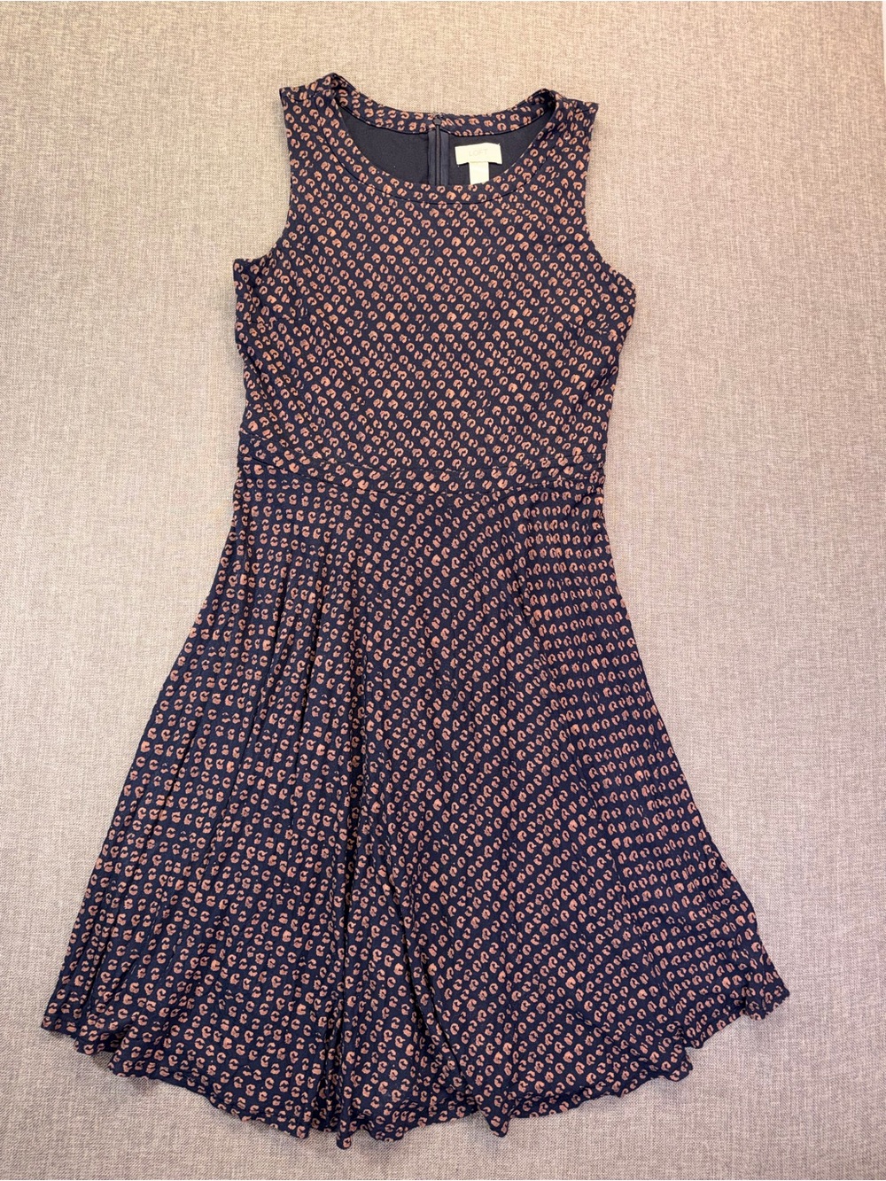 LOFT Women’s Navy Midi Dress with Rust Dot Print Size Medium